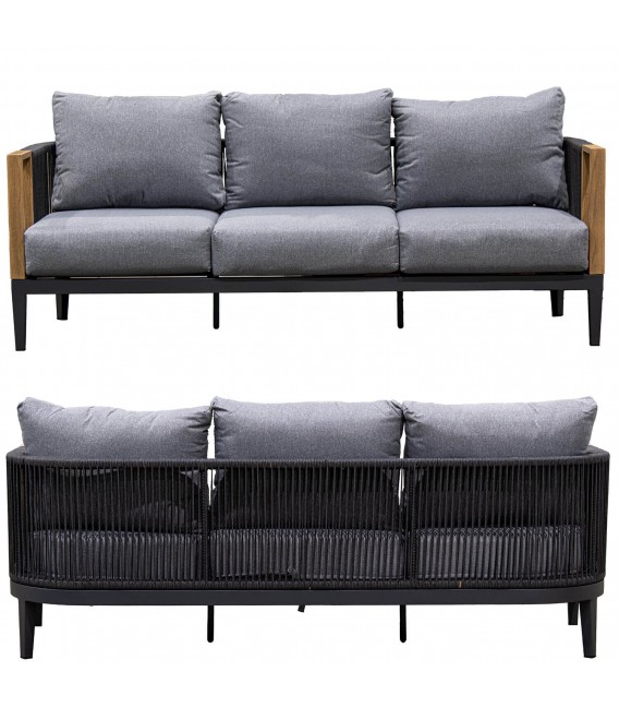 Set jardín aluminio cuerda negra madera cojines gris industrial 1