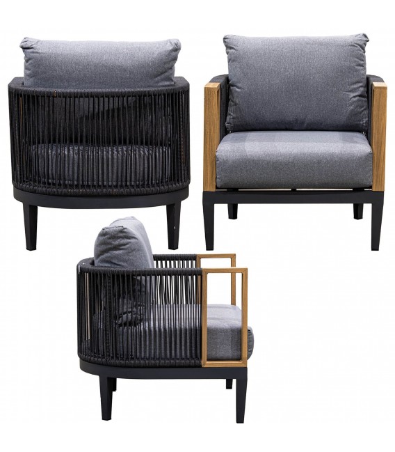 Set jardín aluminio cuerda negra madera cojines gris industrial 2
