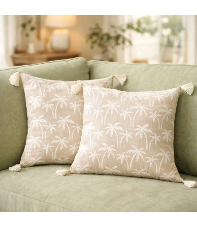 SET 2 COJINES 45 X 45 ALMERA ALGODON ESTAMPADO BEIGE Y BLANCO BORLAS