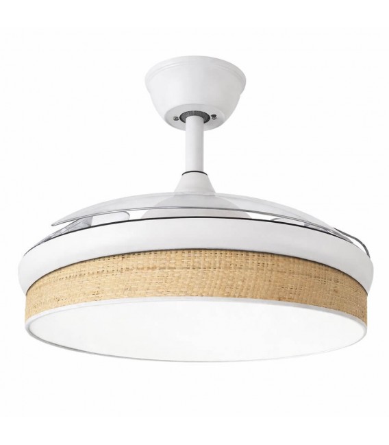 Ventilador techo luz LED ratán natural y blanco aspas retráctiles 1