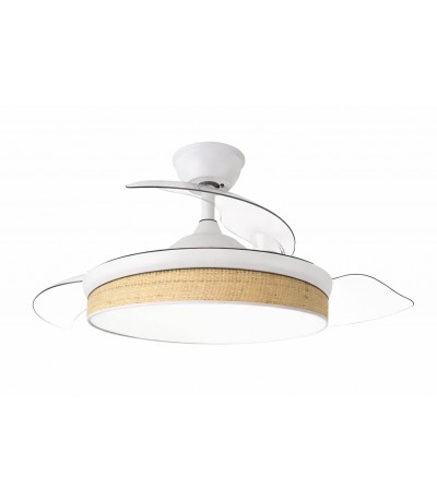 Ventilador techo luz LED ratán natural y blanco aspas retráctiles