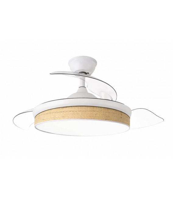 Ventilador techo luz LED ratán natural y blanco aspas retráctiles