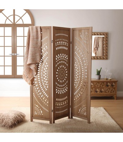 Biombo estilo boho madera calada natural separador decorativo mdmhogar