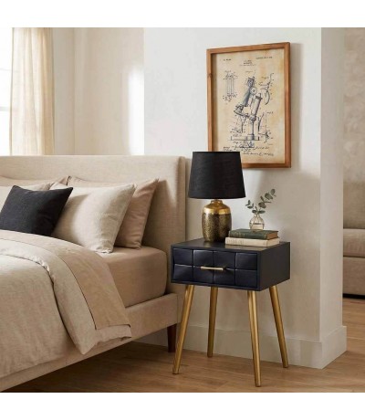 Mesita de noche art deco en azul marino y dorado elegante diseño mdmhogar