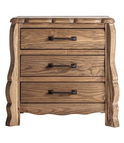 Mesita de noche de madera tallada de olmo estilo boho tres cajones