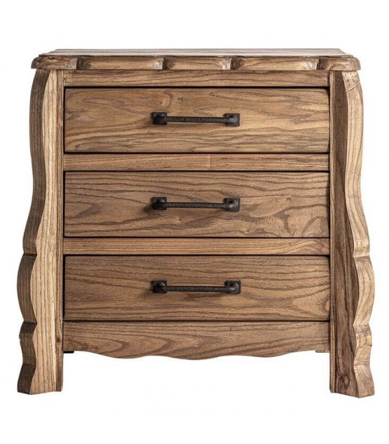Mesita de noche de madera tallada de olmo estilo boho tres cajones
