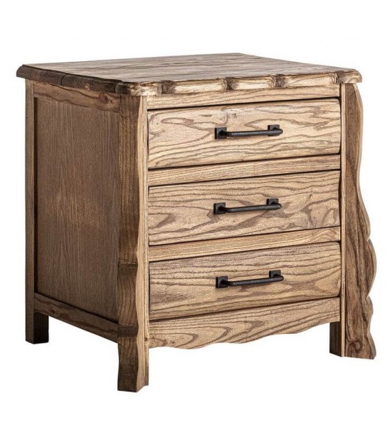 Mesita de noche de madera tallada de olmo estilo boho tres cajones 1