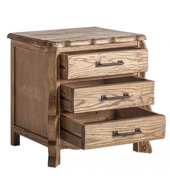 Mesita de noche de madera tallada de olmo estilo boho tres cajones 2