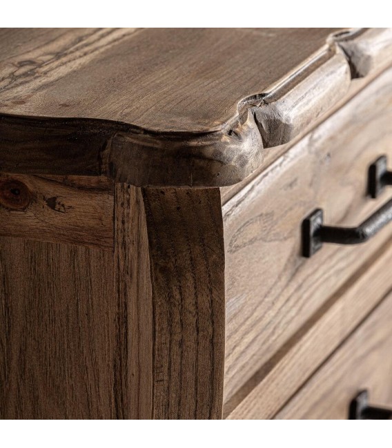Mesita de noche de madera tallada de olmo estilo boho tres cajones 3