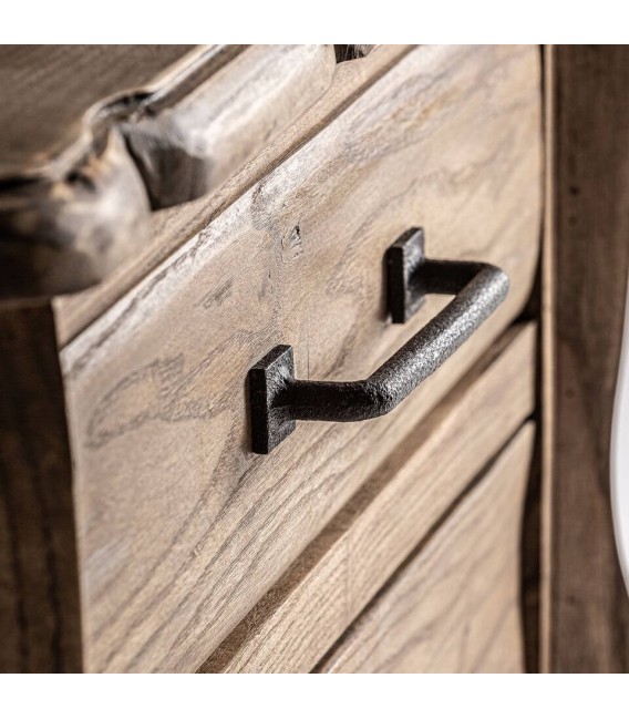 Mesita de noche de madera tallada de olmo estilo boho tres cajones 4