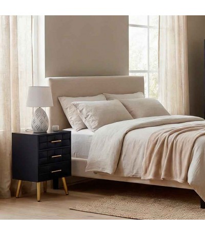 Mesita de noche art déco azul con puertas y detalles dorados mdmhogar