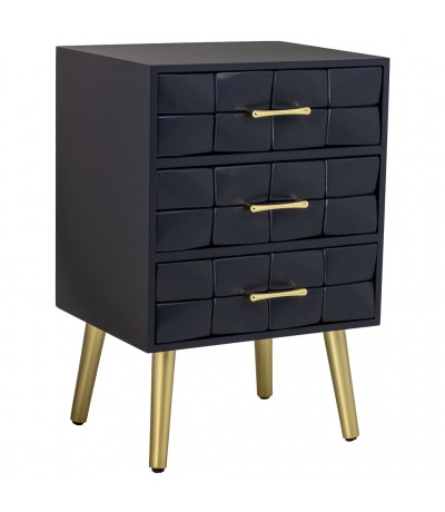 Mesita de noche art déco azul con puertas y detalles dorados