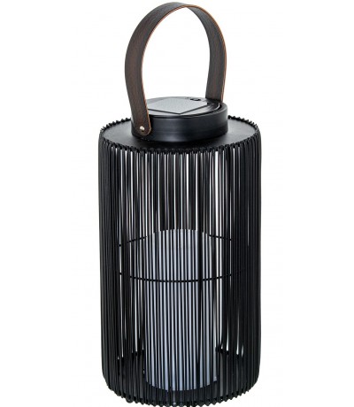 Lámpara solar LED negra tipo farol con efecto vela decorativa