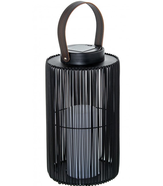 Lámpara solar LED negra tipo farol con efecto vela decorativa