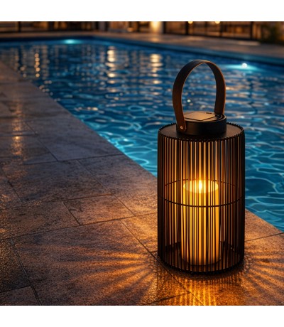 Lámpara solar LED negra tipo farol con efecto vela decorativa MDMHOGAR