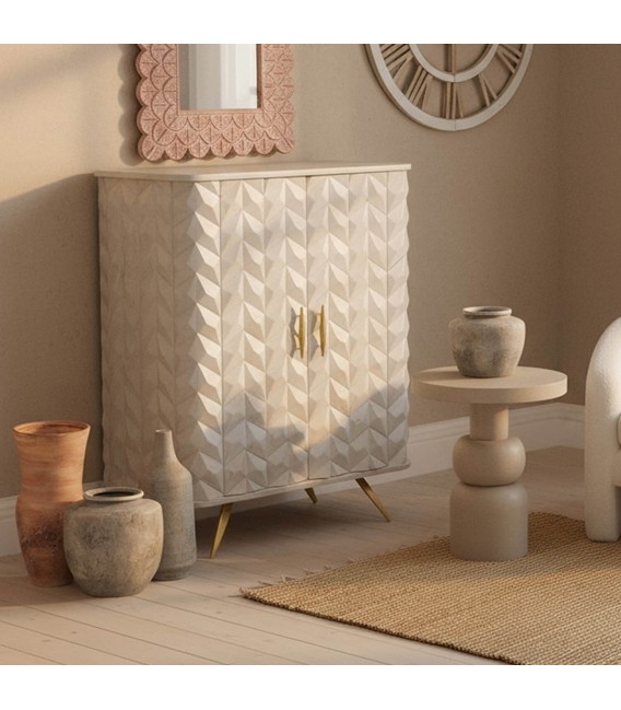Taquillón blanco tallado 2 puertas madera mango diseño geométrico MDMHOGAR