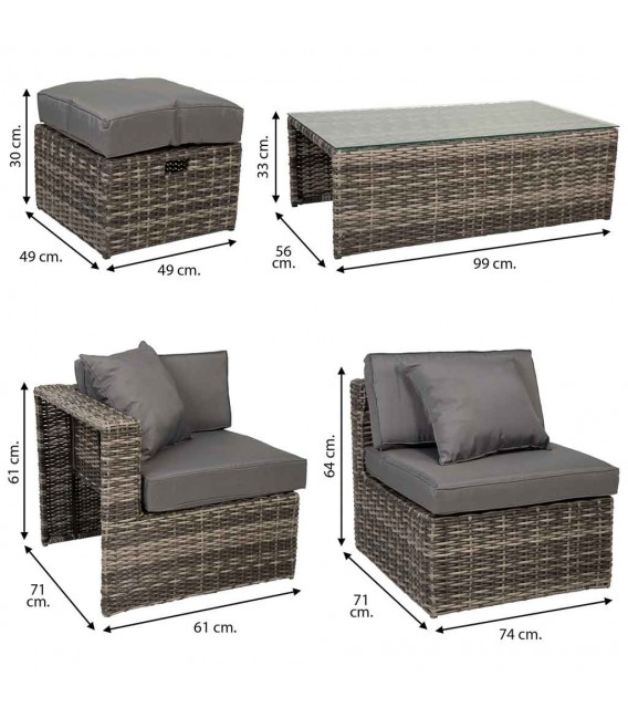 Set de exterior ratán gris oscuro con sofá con sillones y mesa