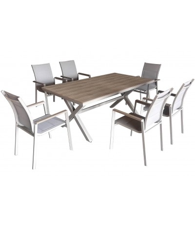 Set mesa y seis sillas aluminio exterior efecto madera gris