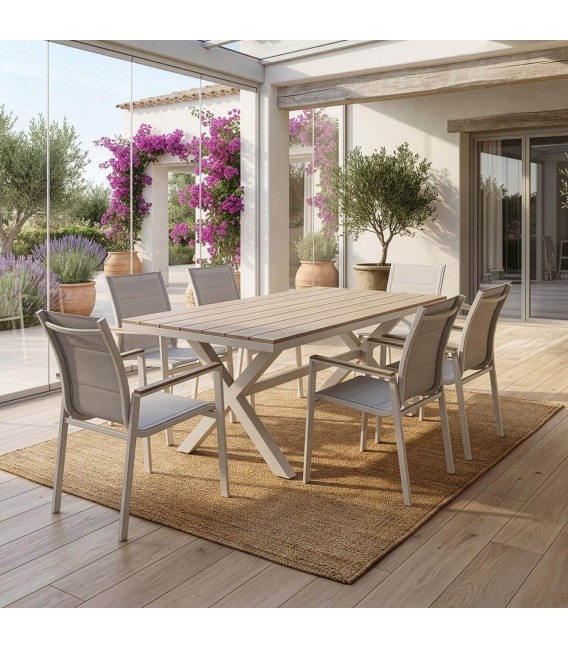 Set mesa y seis sillas aluminio exterior efecto madera gris  mdmhogar