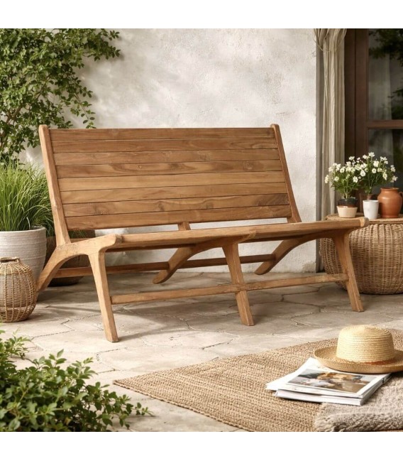 Banco exterior pequeño de madera maciza de teca natural estilo vintage Mdmhogar