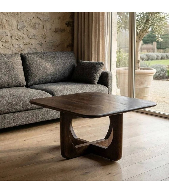 Mesa de centro cuadrada de madera de mango nogal estilo boho mdmhogar