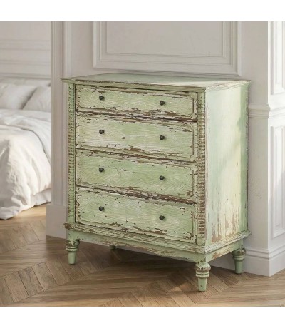 Cómoda de madera reciclada verde estilo vintage cuatro cajones mdmhogar
