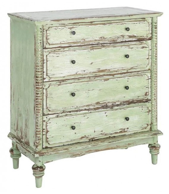 Cómoda de madera reciclada verde estilo vintage cuatro cajones