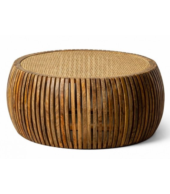 Mesa de centro redonda de madera natural y ratán estilo boho