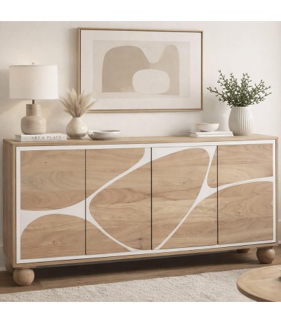 Aparador de madera maciza de acacia natural y blanco estilo boho chic Mdmhogar