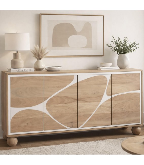 Aparador de madera maciza de acacia natural y blanco estilo boho chic Mdmhogar