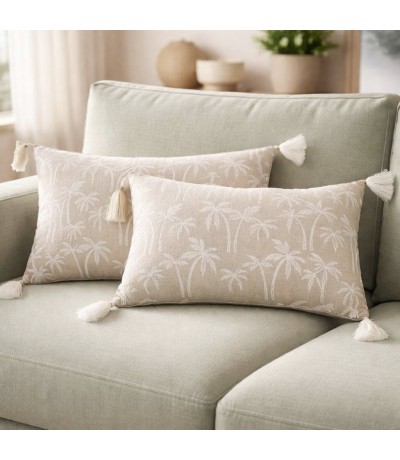 Set 2 cojines riñonera algodón beige con borlas estilo colonial Mdmhogar