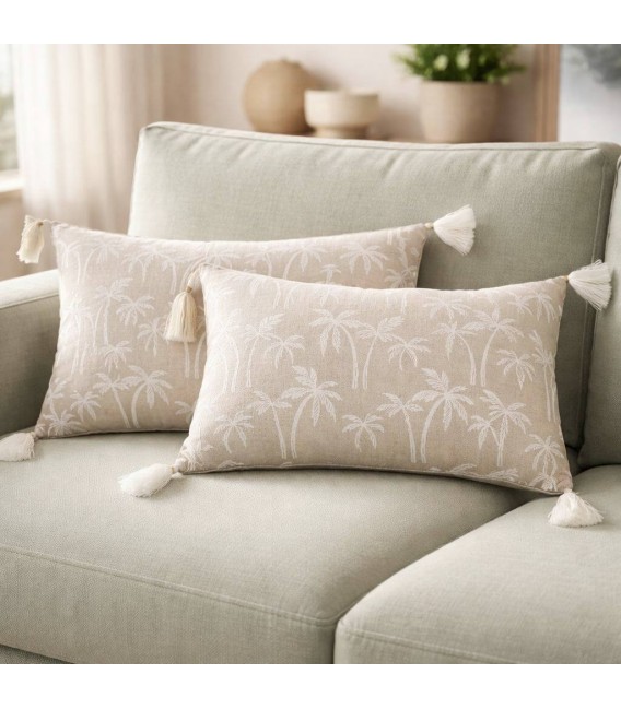 Set 2 cojines riñonera algodón beige con borlas estilo colonial Mdmhogar