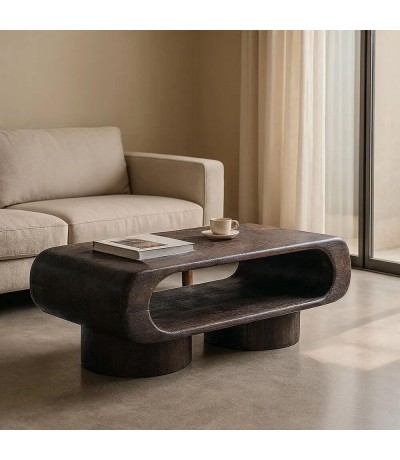 Mesa de centro estilo boho de madera maciza color nogal oscuro mdmhogar