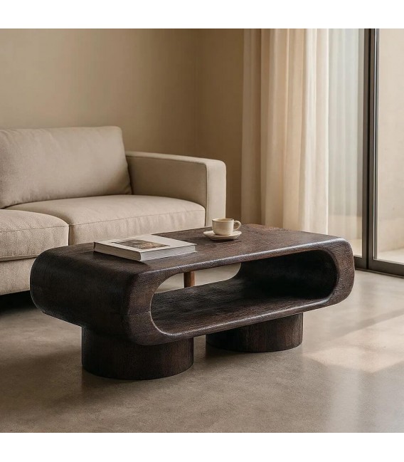 Mesa de centro estilo boho de madera maciza color nogal oscuro mdmhogar