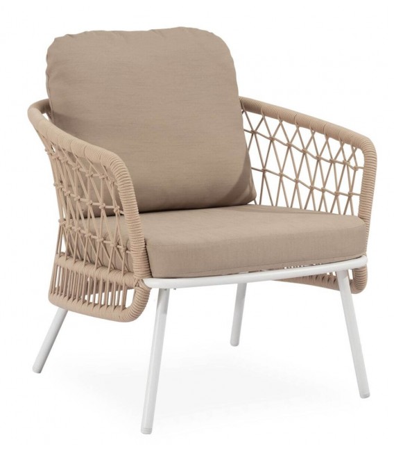 Conjunto exterior sofá, 2 sillones y mesa acero blanco textil beige 3