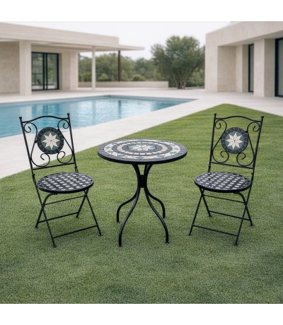 Set mesa y 2 sillas plegables metal y piedra estilo industrial mdmhogar