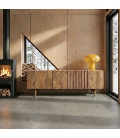 Mueble TV estilo boho de madera de mango natural con tres puertas  mdmhogar