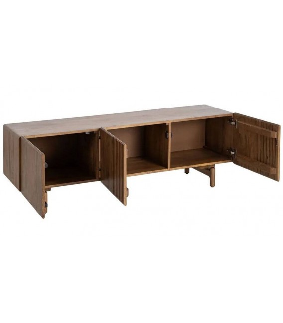 Mueble TV estilo boho de madera de mango natural con tres puertas 1