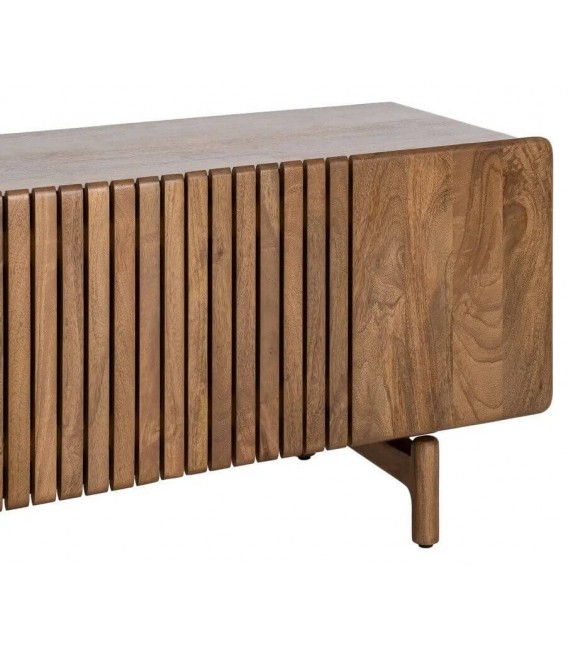Mueble TV estilo boho de madera de mango natural con tres puertas 2