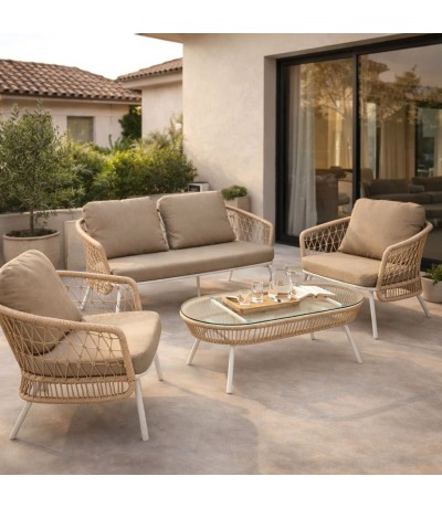 Conjunto exterior sofá, 2 sillones y mesa acero blanco textil beige Mdmhogar