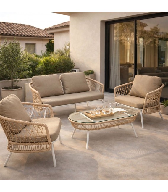 Conjunto exterior sofá, 2 sillones y mesa acero blanco textil beige Mdmhogar
