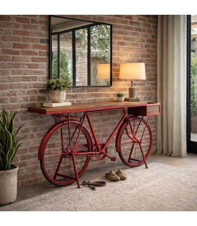 Consola entrada bicicleta antigua, metal rojo madera natural Mdmhogar
