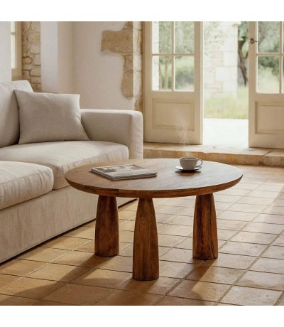Mesa de centro redonda de madera maciza de mango estilo boho mdmhogar