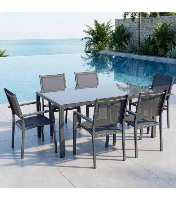 Set mesa y 6 sillas aluminio negro exterior estilo industrial mdmhogar