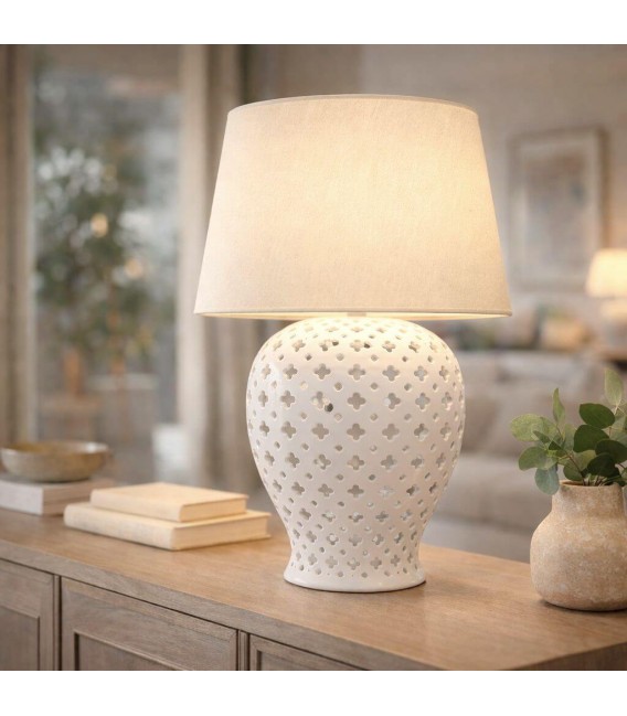 Lámpara sobremesa grande porcelana blanca con pantalla lino beige Mdmhogar