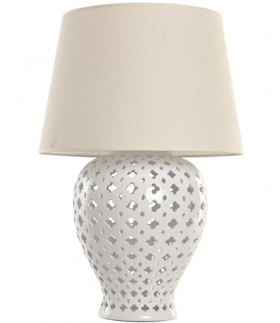 Lámpara sobremesa grande porcelana blanca con pantalla lino beige