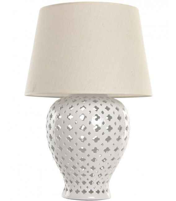 Lámpara sobremesa grande porcelana blanca con pantalla lino beige