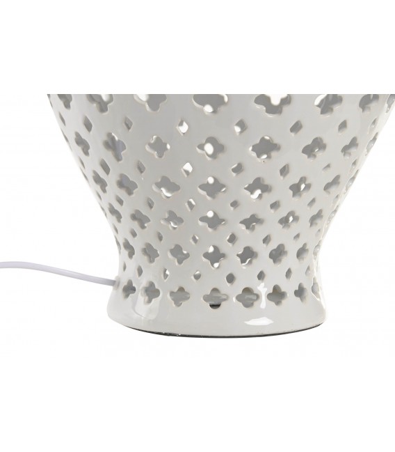 Lámpara sobremesa grande porcelana blanca con pantalla lino beige 4