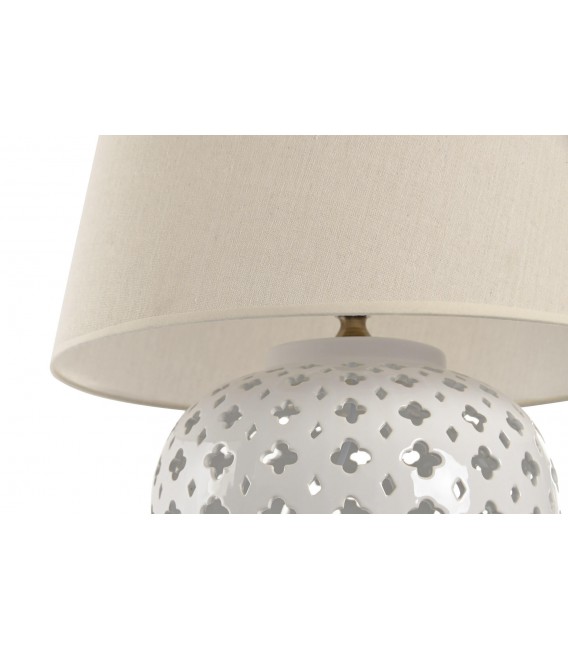 Lámpara sobremesa grande porcelana blanca con pantalla lino beige 3