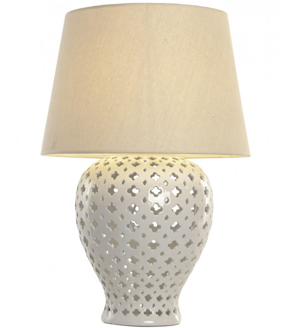 Lámpara sobremesa grande porcelana blanca con pantalla lino beige 2